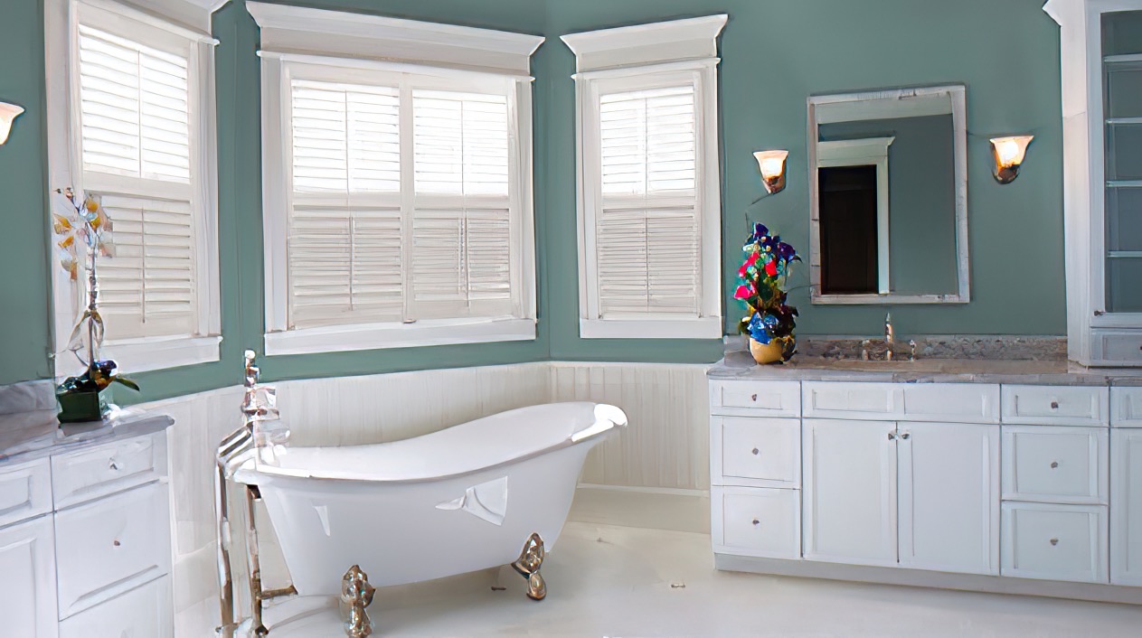 Bathroom with white plantation shutters, a clawfoot bath and green walls